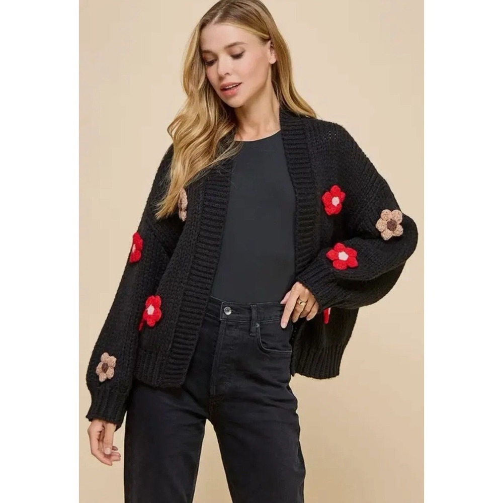 TCEC Women's Black Knit Drew Floral Detail Cardigan Size‎ Medium NEW